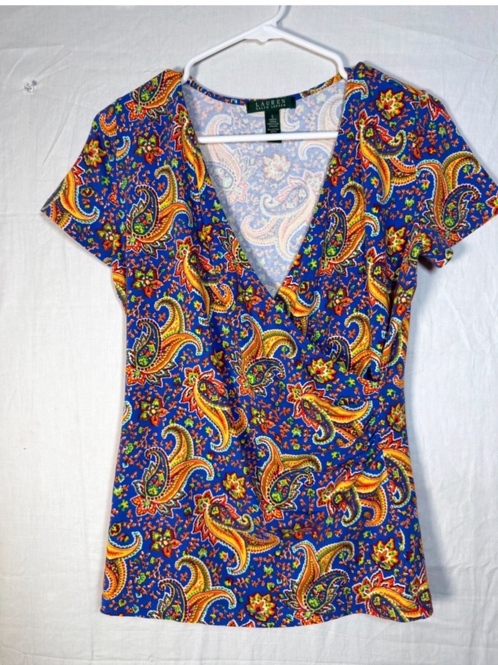 Lauren Ralph Lauren Blue Paisley V-Neck Short Sleeve Tee with Multicolor Accents